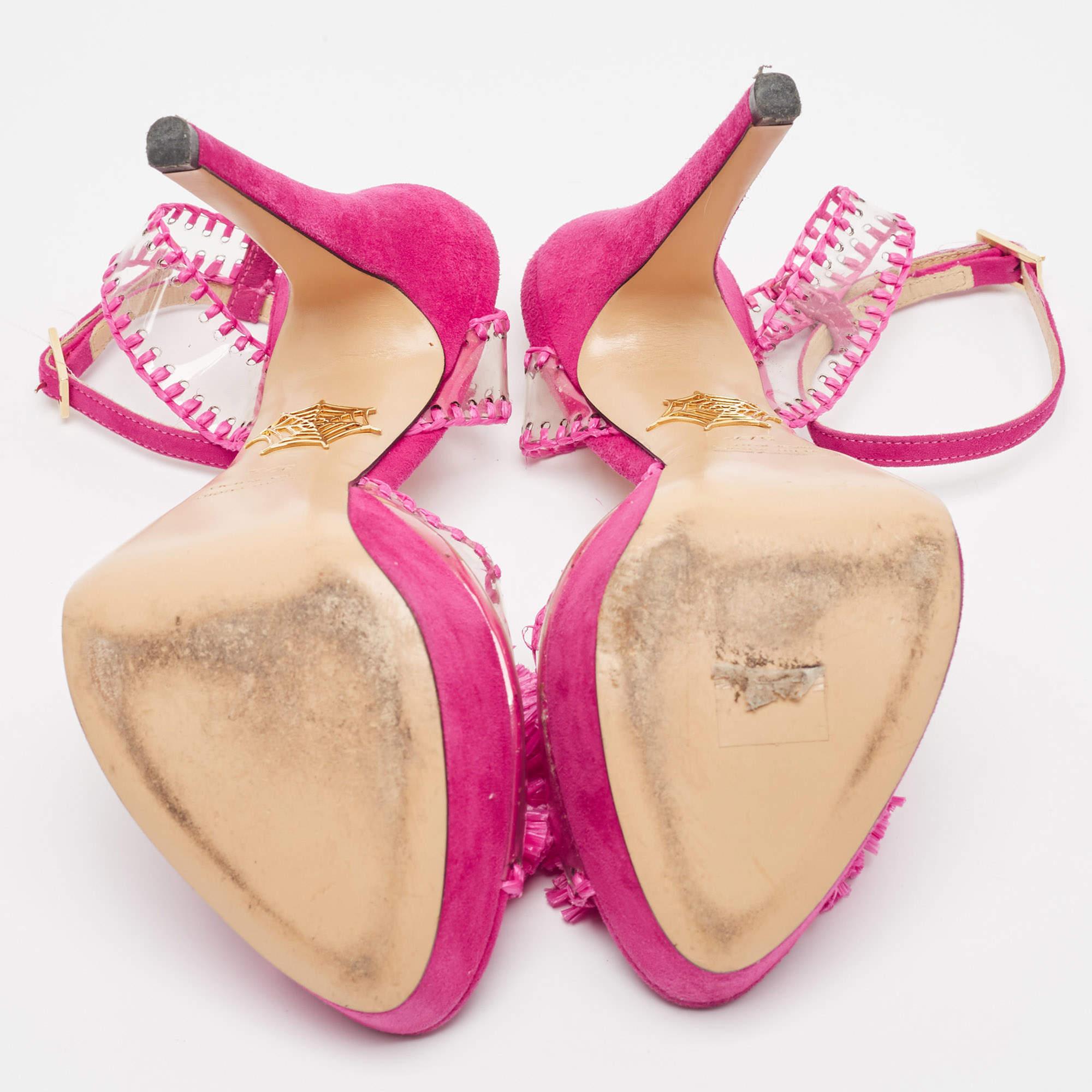 Charlotte Olympia Pink PVC and Suede Pomeline Ankle Strap Sandals Size 37.5 For Sale 2