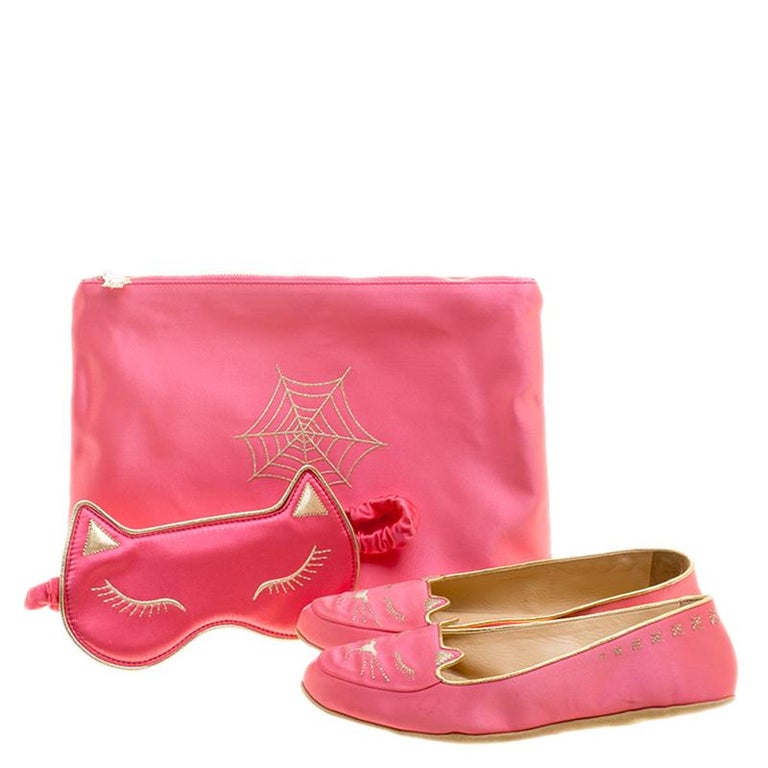 Charlotte Olympia Pink Satin Cat Nap Slipper Set M For Sale at 1stDibs