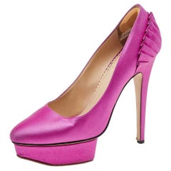 Charlotte Olympia Pink Satin Paloma Fan Pleat Platform Pumps Size 38.5