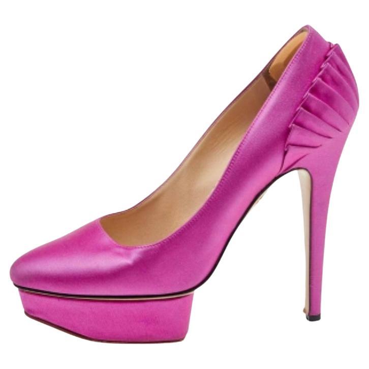 Charlotte Olympia Pink Satin Paloma Fan Pleat Platform Pumps Size 38.5