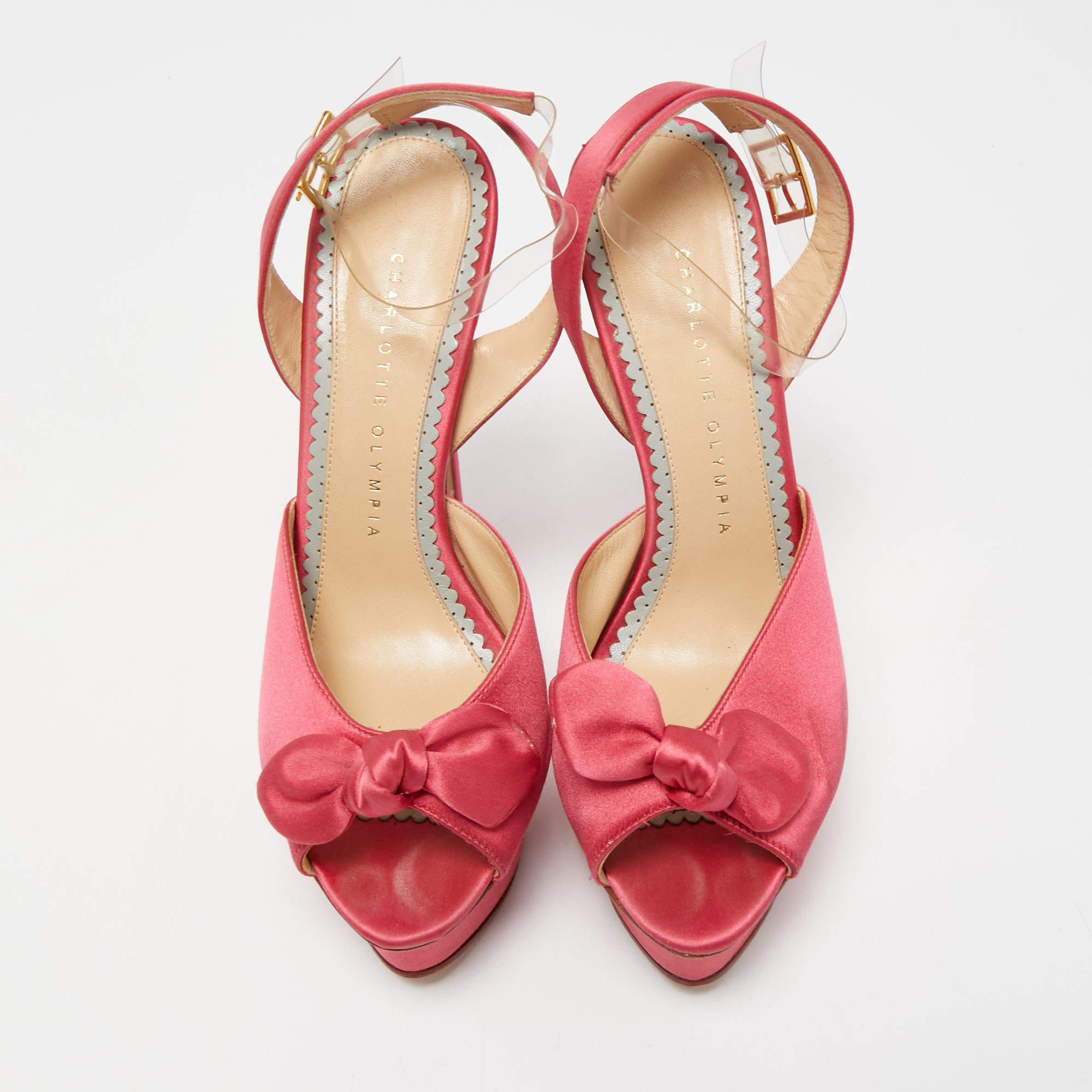 Charlotte Olympia Pink Satin Serena Bow Ankle Strap Platform Sandals Size 38 In Good Condition For Sale In Dubai, Al Qouz 2