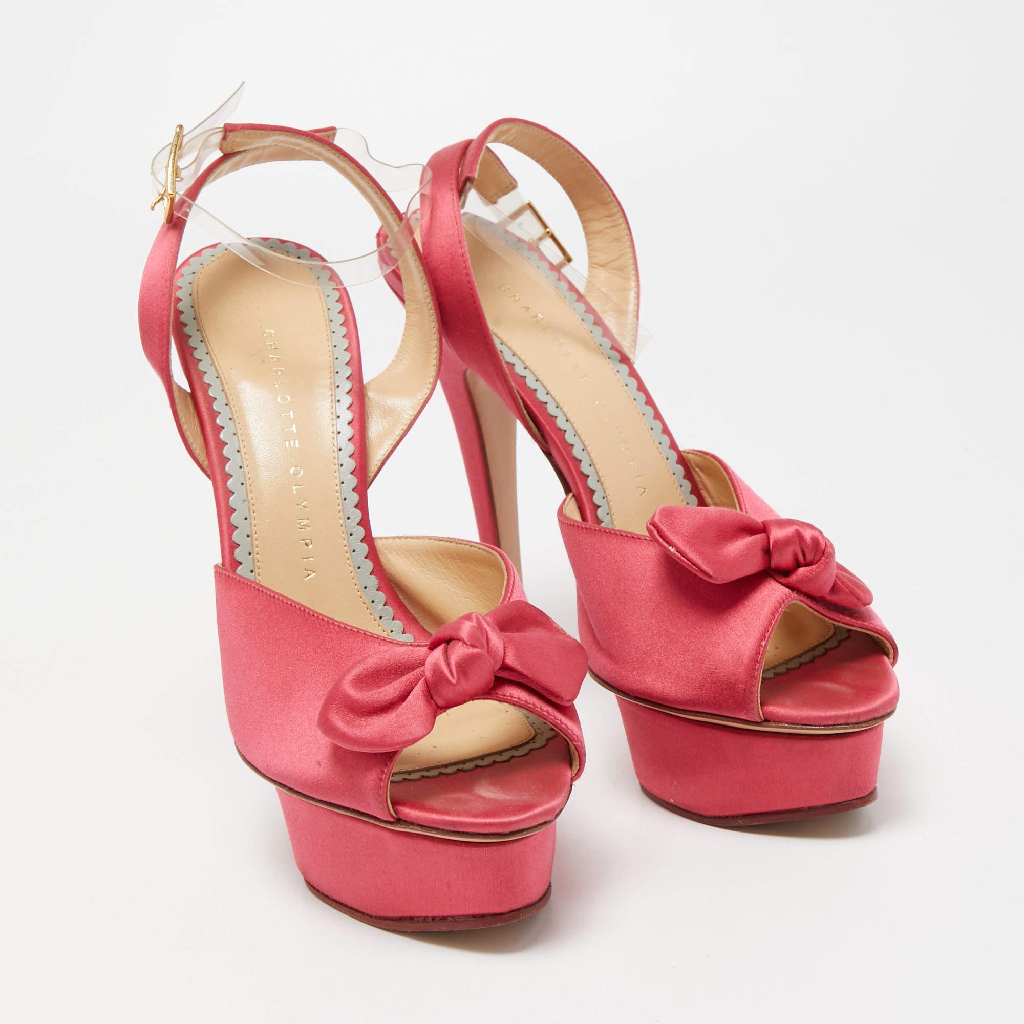 Women's Charlotte Olympia Pink Satin Serena Bow Ankle Strap Platform Sandals Size 38 For Sale