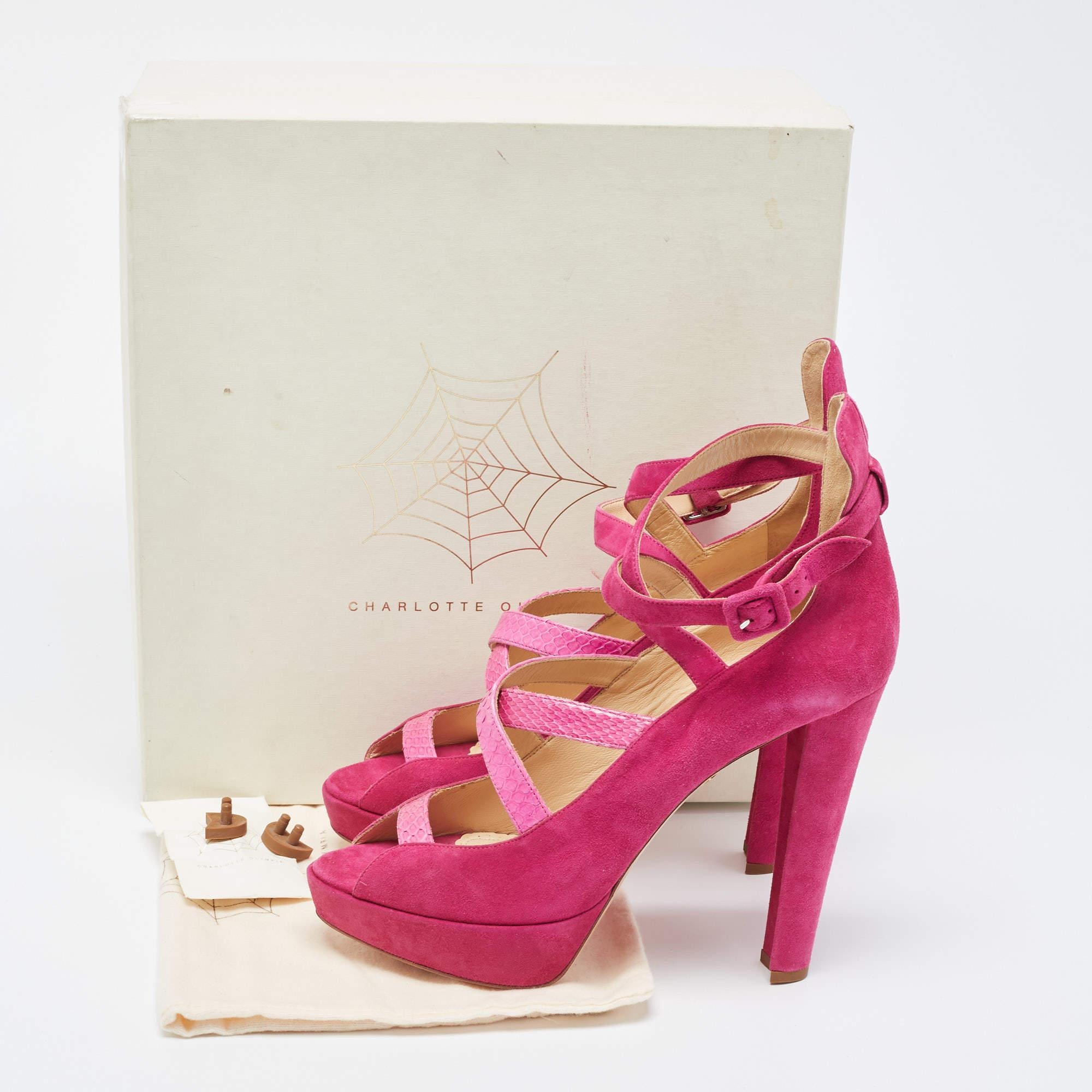 Charlotte Olympia Pink Suede and Python Platform Ankle Strap Pumps Size 41 4
