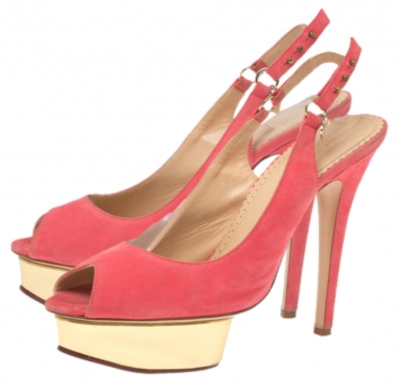 Women's Charlotte Olympia Pink Suede Slingback Peep Toe Platform Sandals Size 37.5 For Sale