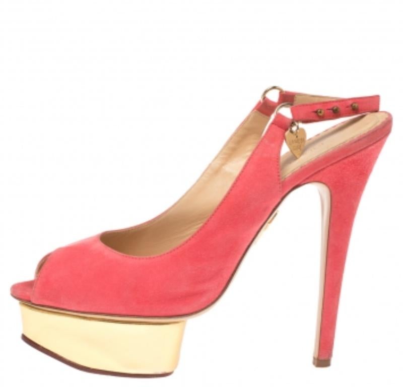 Charlotte Olympia Pink Suede Slingback Peep Toe Platform Sandals Size 37.5 For Sale 2