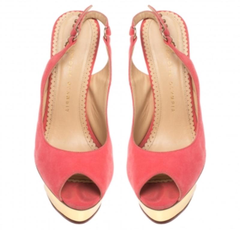Charlotte Olympia Pink Suede Slingback Peep Toe Platform Sandals Size 37.5 For Sale 4