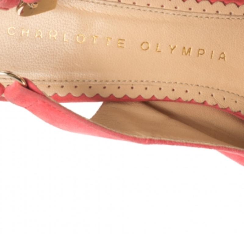 Charlotte Olympia Pink Suede Slingback Peep Toe Platform Sandals Size 37.5 For Sale 5