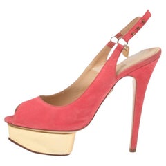 Charlotte Olympia Pink Suede Slingback Peep Toe Platform Sandals Size 37.5