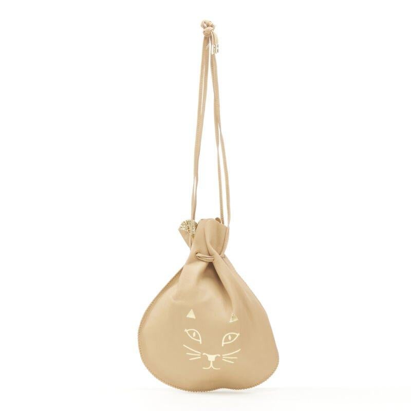Gold CHARLOTTE OLYMPIA Precious Pouch gold Kitty print tan leather drawstring bag