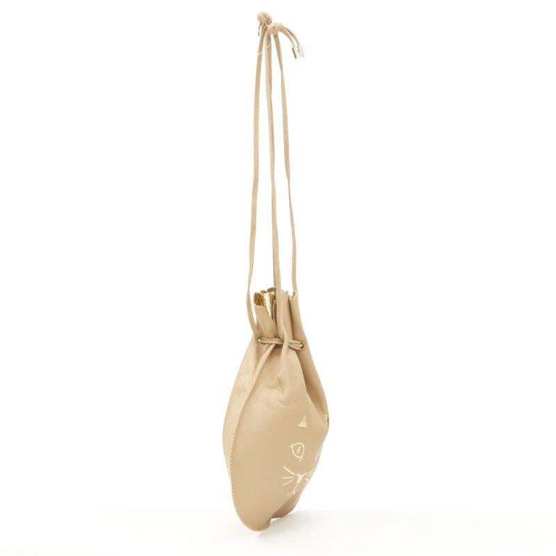 Women's CHARLOTTE OLYMPIA Precious Pouch gold Kitty print tan leather drawstring bag