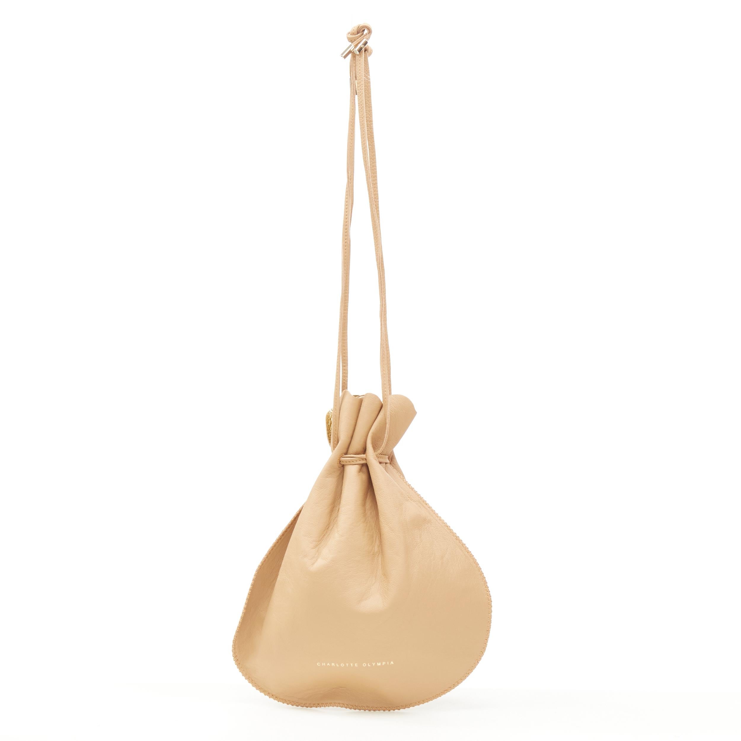 Gold CHARLOTTE OLYMPIA Precious Pouch gold Kitty print tan leather drawstring bag For Sale