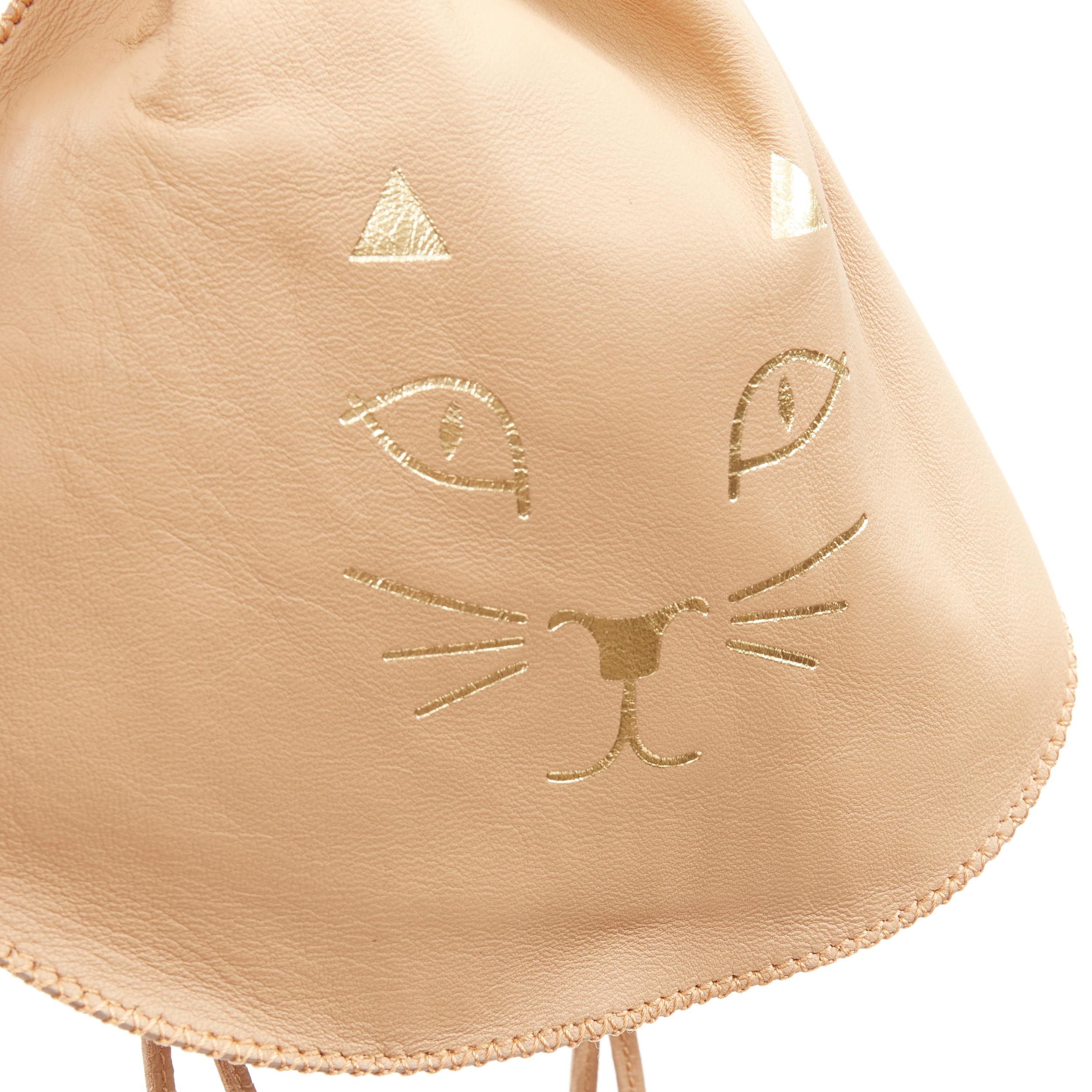 Women's CHARLOTTE OLYMPIA Precious Pouch gold Kitty print tan leather drawstring bag For Sale