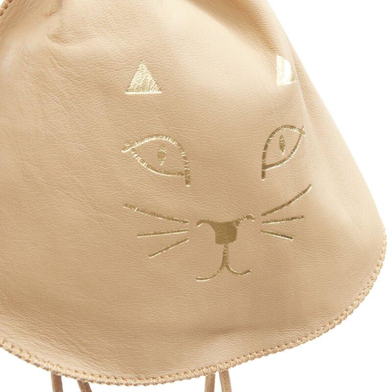 CHARLOTTE OLYMPIA Precious Pouch gold Kitty print tan leather drawstring bag 3