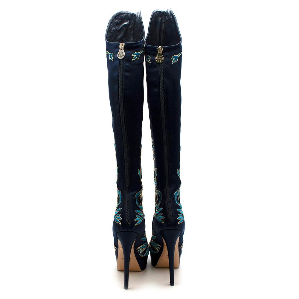 Black Charlotte Olympia Prosperity Blue & Gold Knee High Boots - Size EU 38