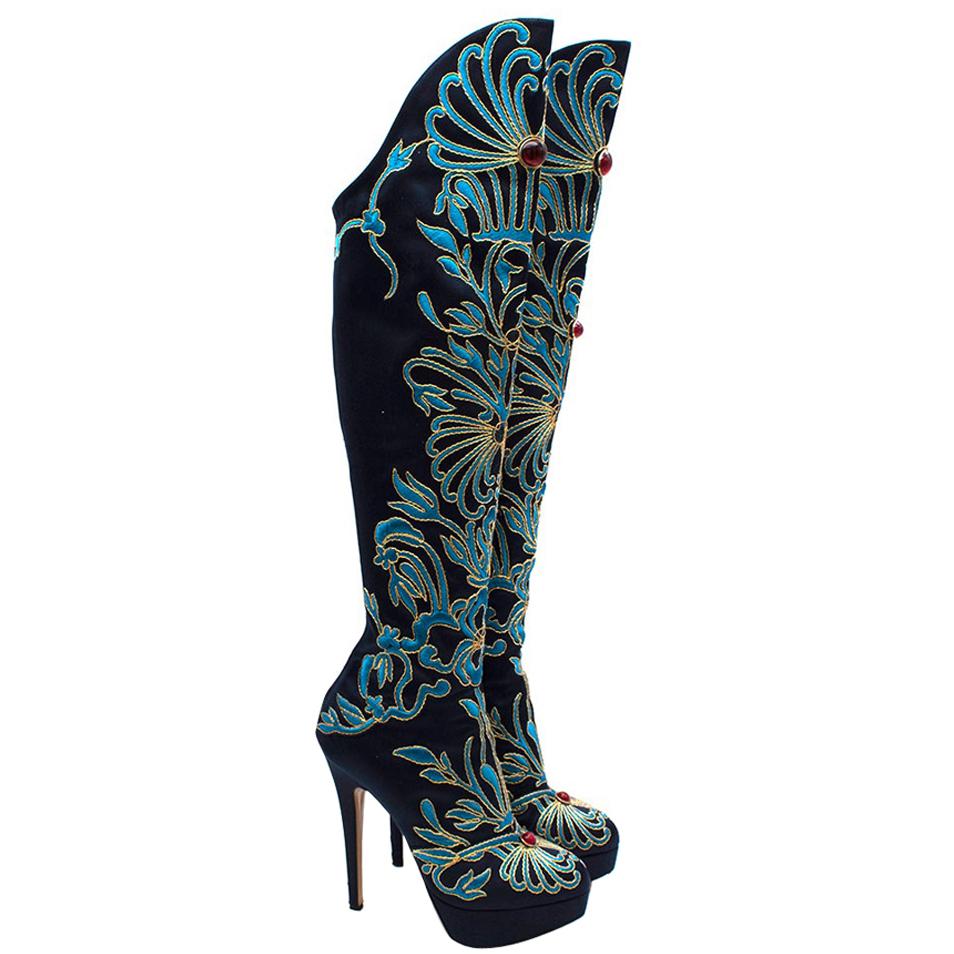 Charlotte Olympia Prosperity Blue & Gold Knee High Boots - Size EU 38