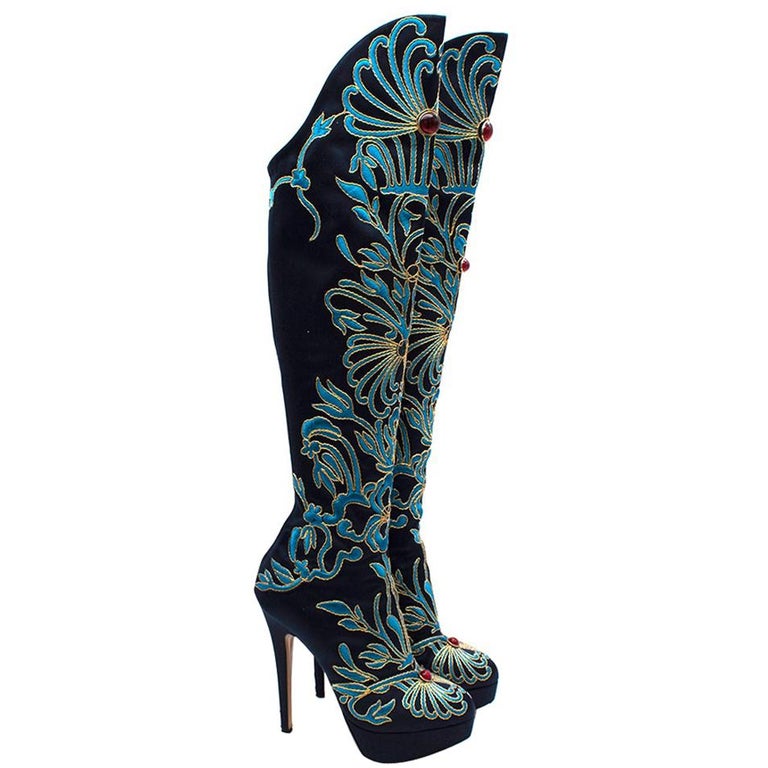Charlotte Olympia Prosperity Blue and Gold Knee High Boots - Size EU 38 ...