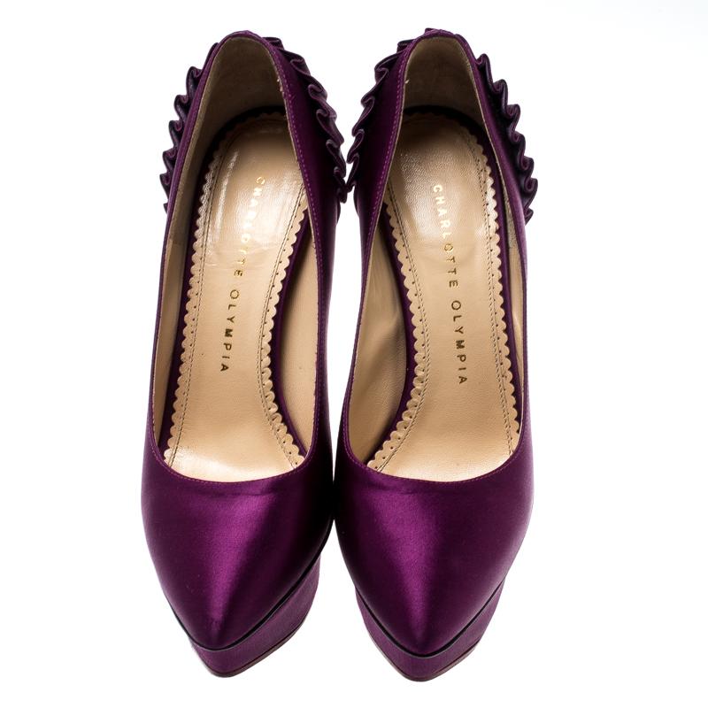 Black Charlotte Olympia Purple Paloma Fan-pleat Satin Pumps Size 36.5