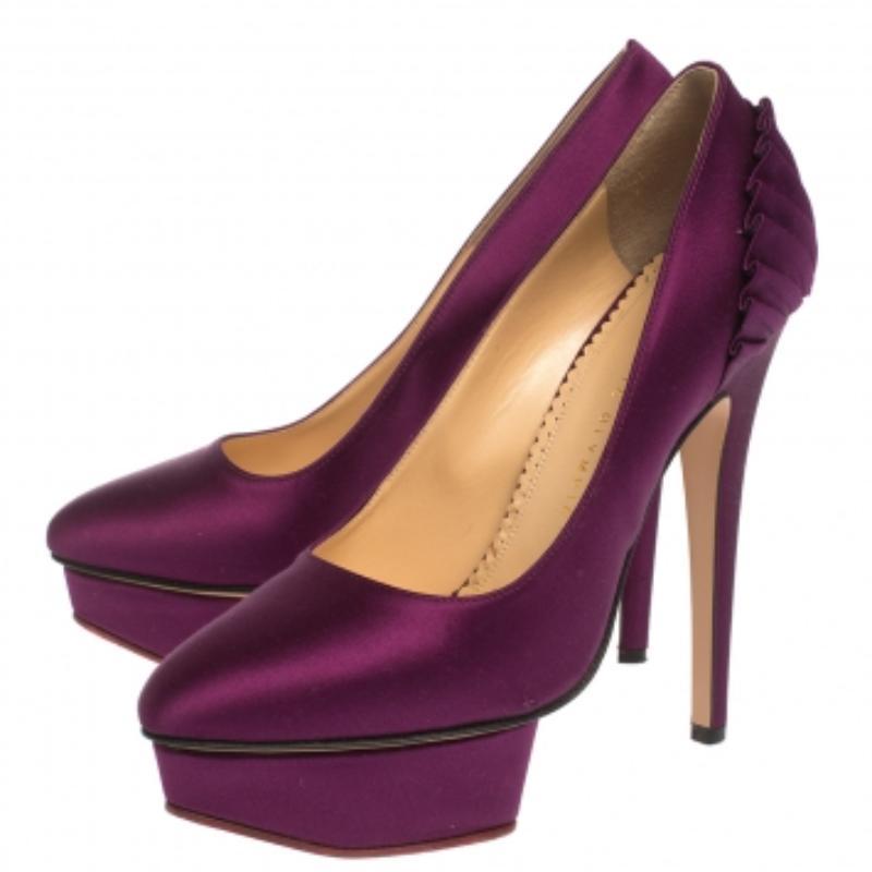 Charlotte Olympia, raso viola, Paloma, con plateau a pieghe a ventaglio, misura 38 in vendita 2