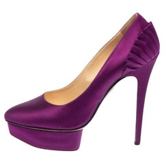 Charlotte Olympia Purple Satin Paloma Fan Pleat Platform Pumps Size 38.5