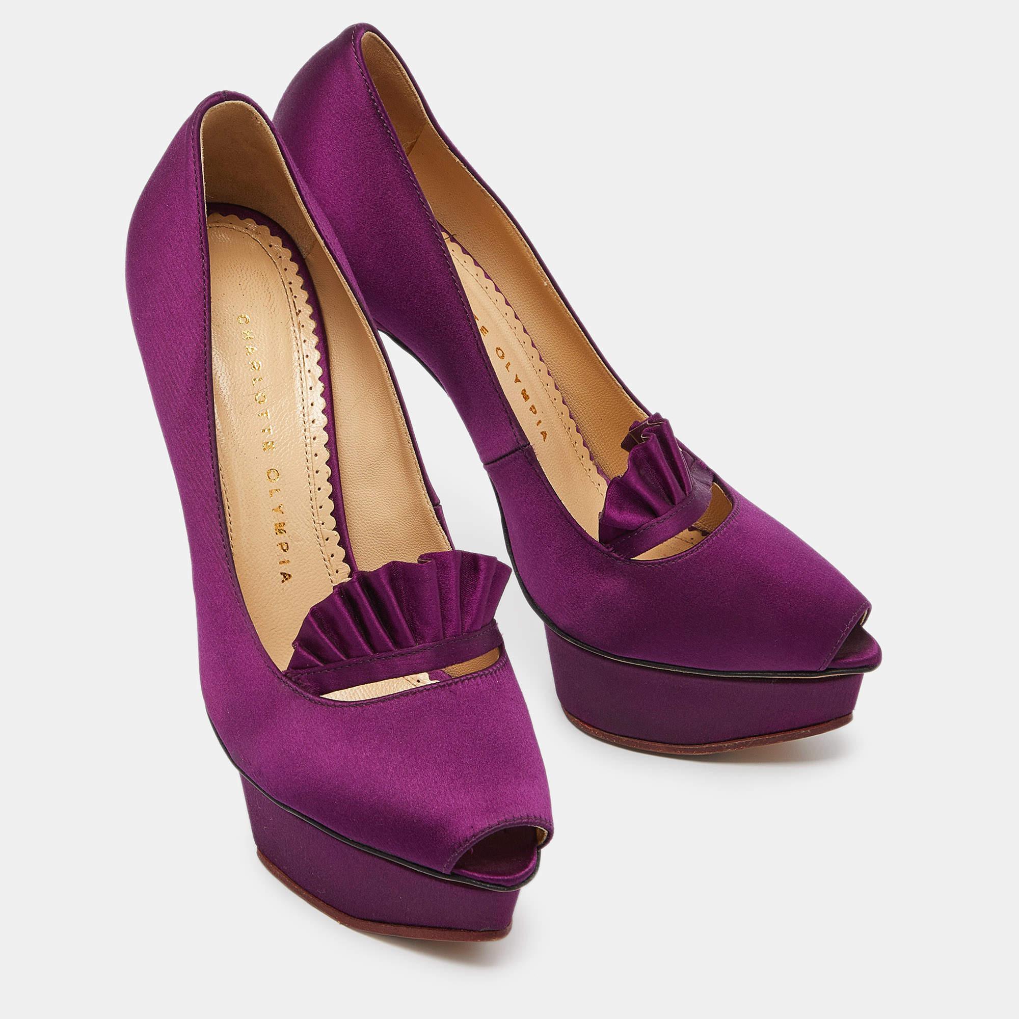 Women's Charlotte Olympia Purple Satin Peep Toe Platform Pumps Size 37.5 For Sale
