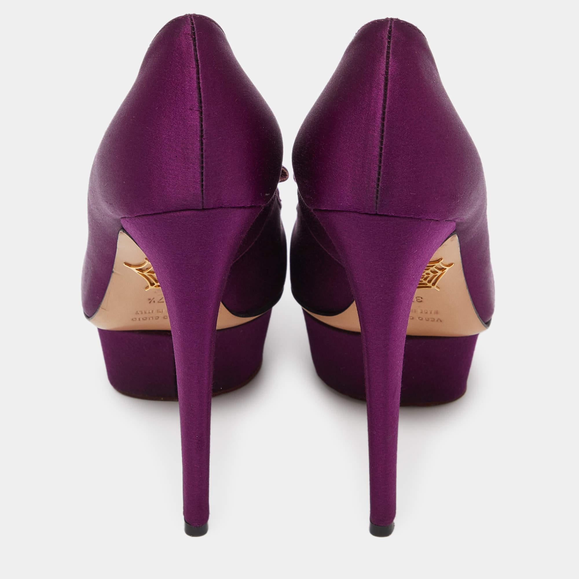 Charlotte Olympia Purple Satin Peep Toe Platform Pumps Size 37.5 For Sale 1