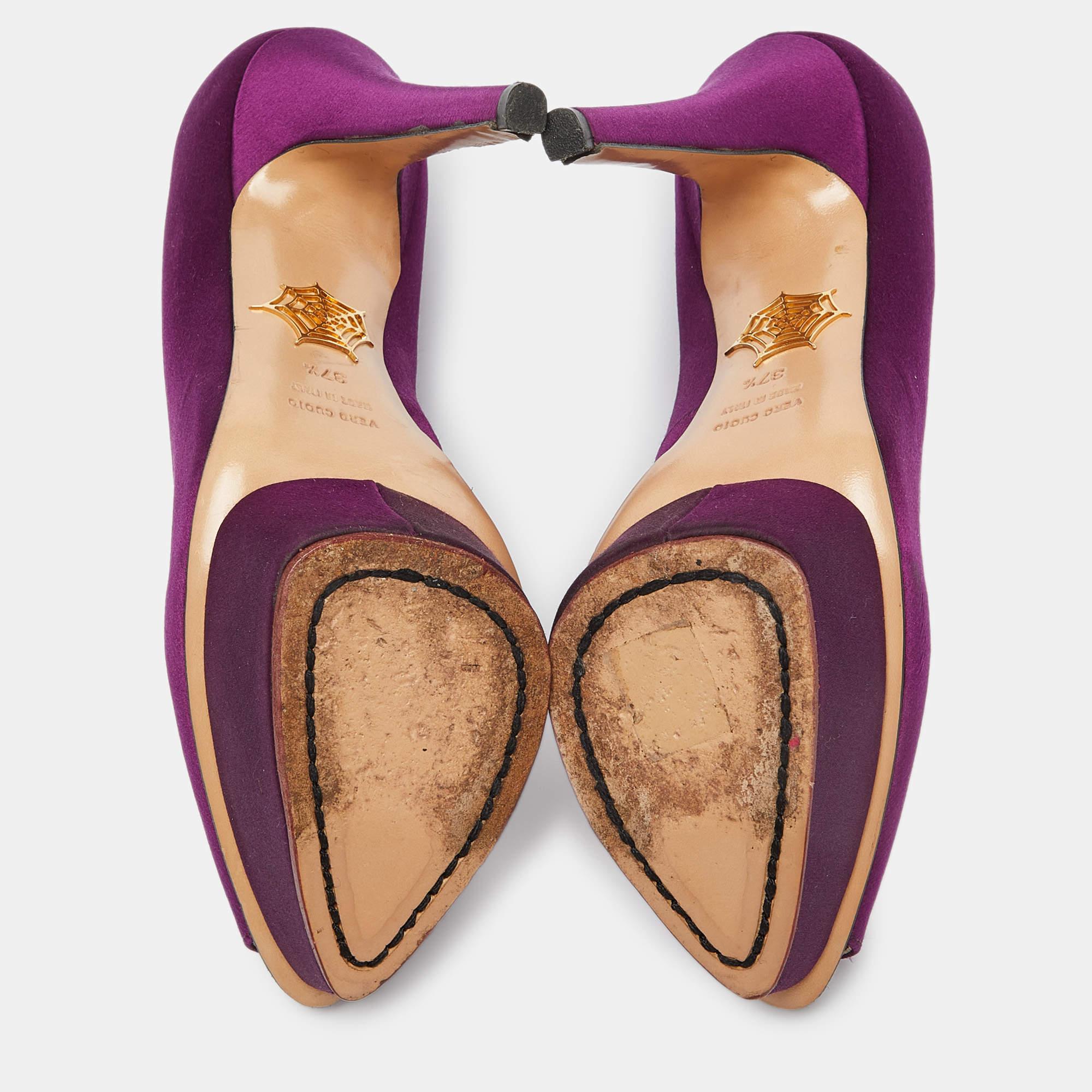 Charlotte Olympia Purple Satin Peep Toe Platform Pumps Size 37.5 For Sale 2