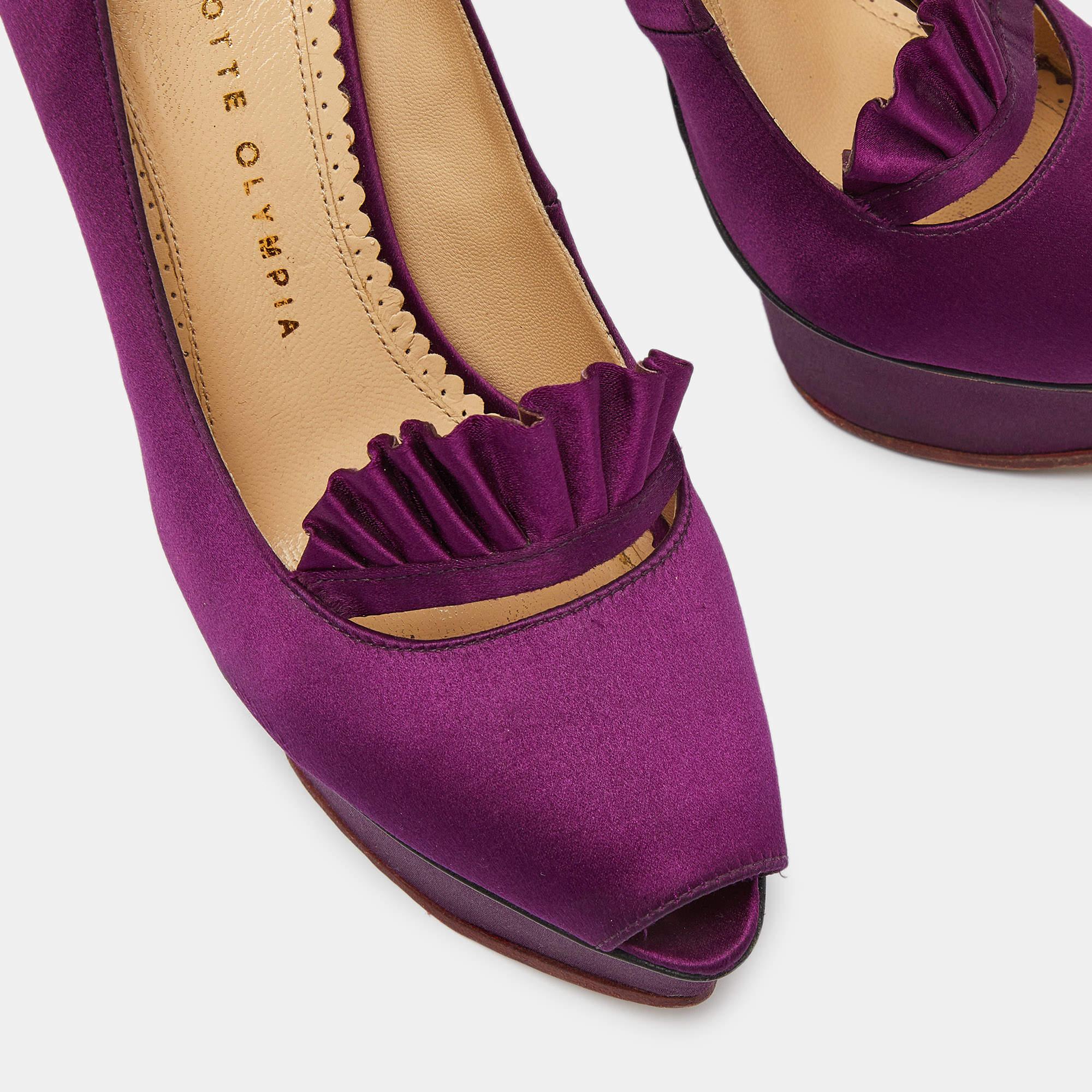 Charlotte Olympia Purple Satin Peep Toe Platform Pumps Size 37.5 For Sale 3