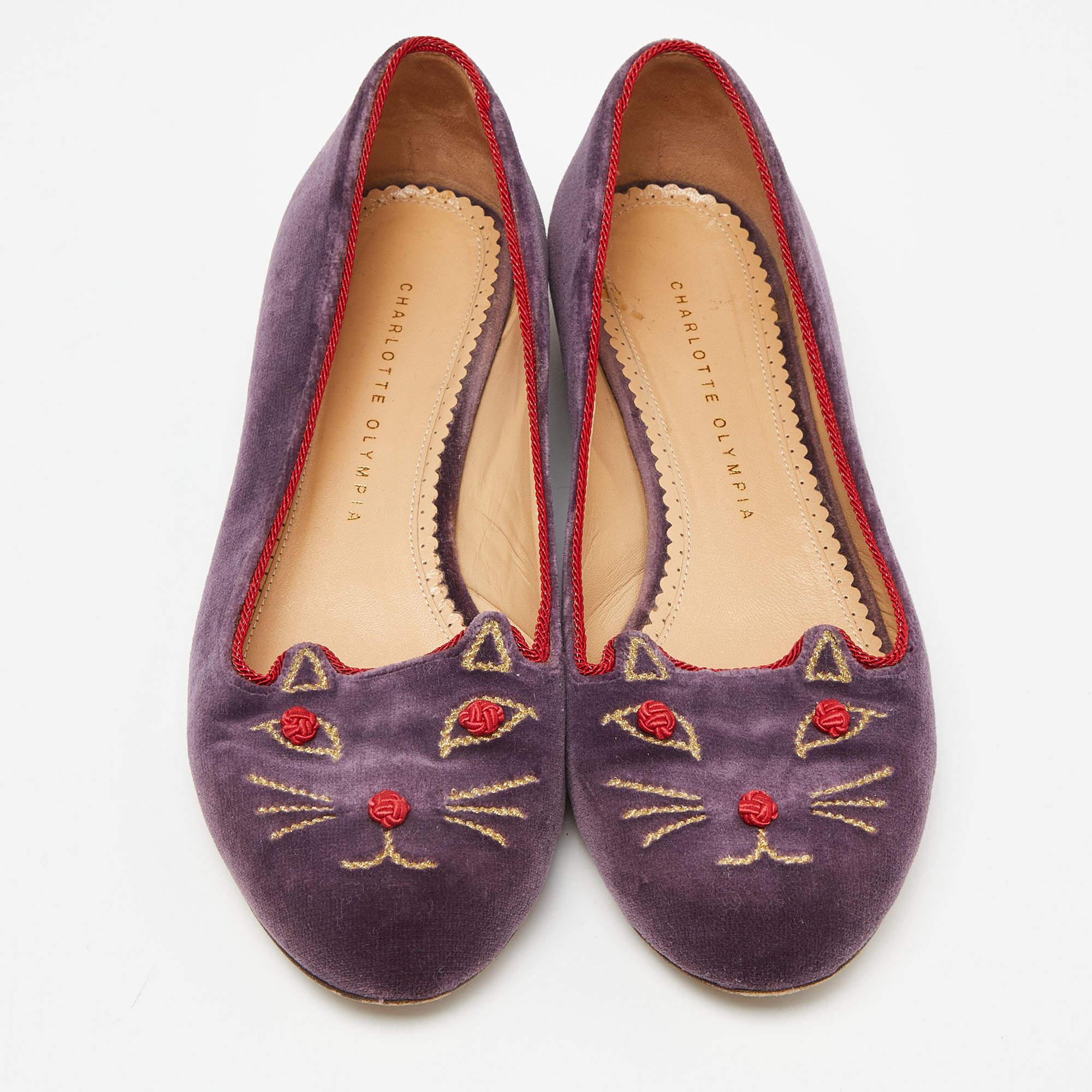 Black Charlotte Olympia Purple Velvet Emoticats Cheeky Kitty Ballet Flats Size 39.5