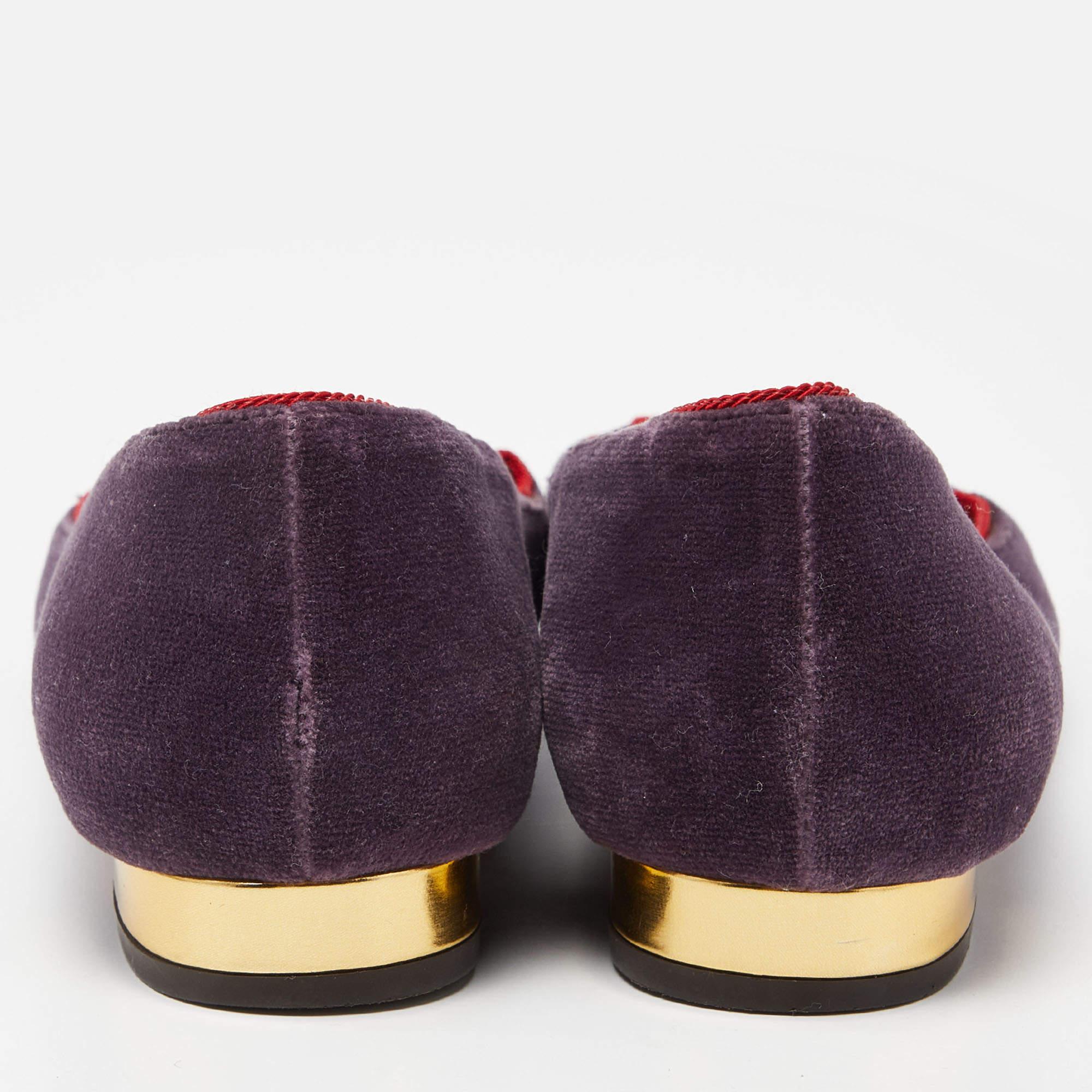Women's Charlotte Olympia Purple Velvet Emoticats Cheeky Kitty Ballet Flats Size 39.5