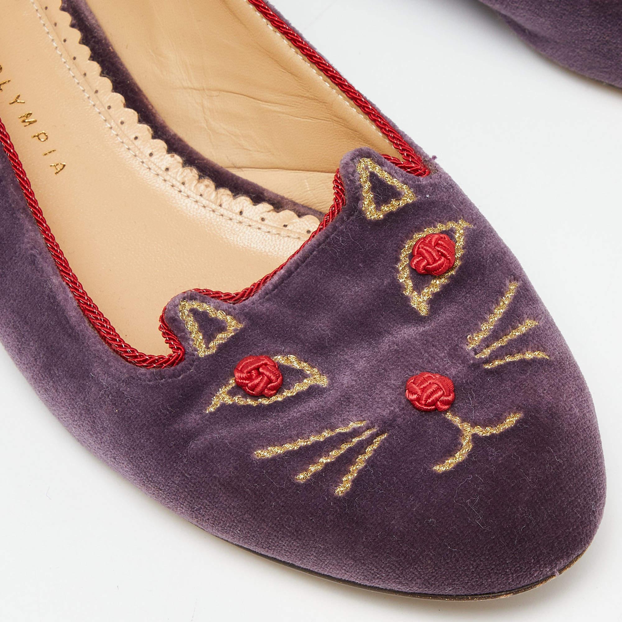 Charlotte Olympia Purple Velvet Emoticats Cheeky Kitty Ballet Flats Size 39.5 2