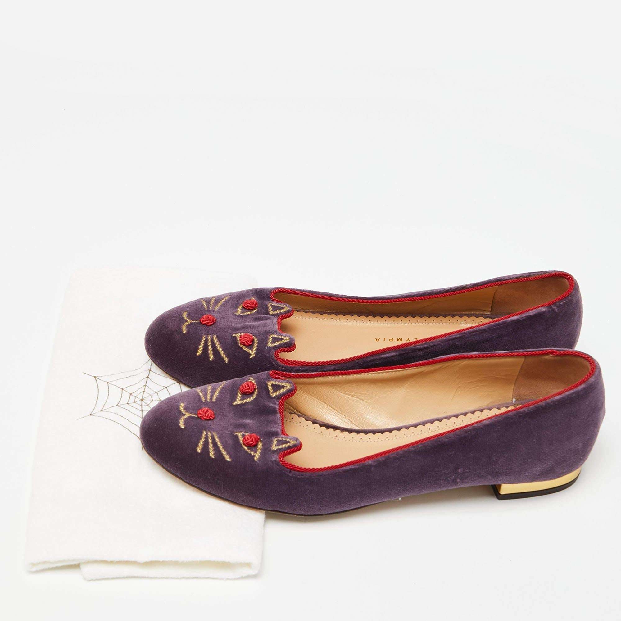 Charlotte Olympia Purple Velvet Emoticats Cheeky Kitty Ballet Flats Size 39.5 4