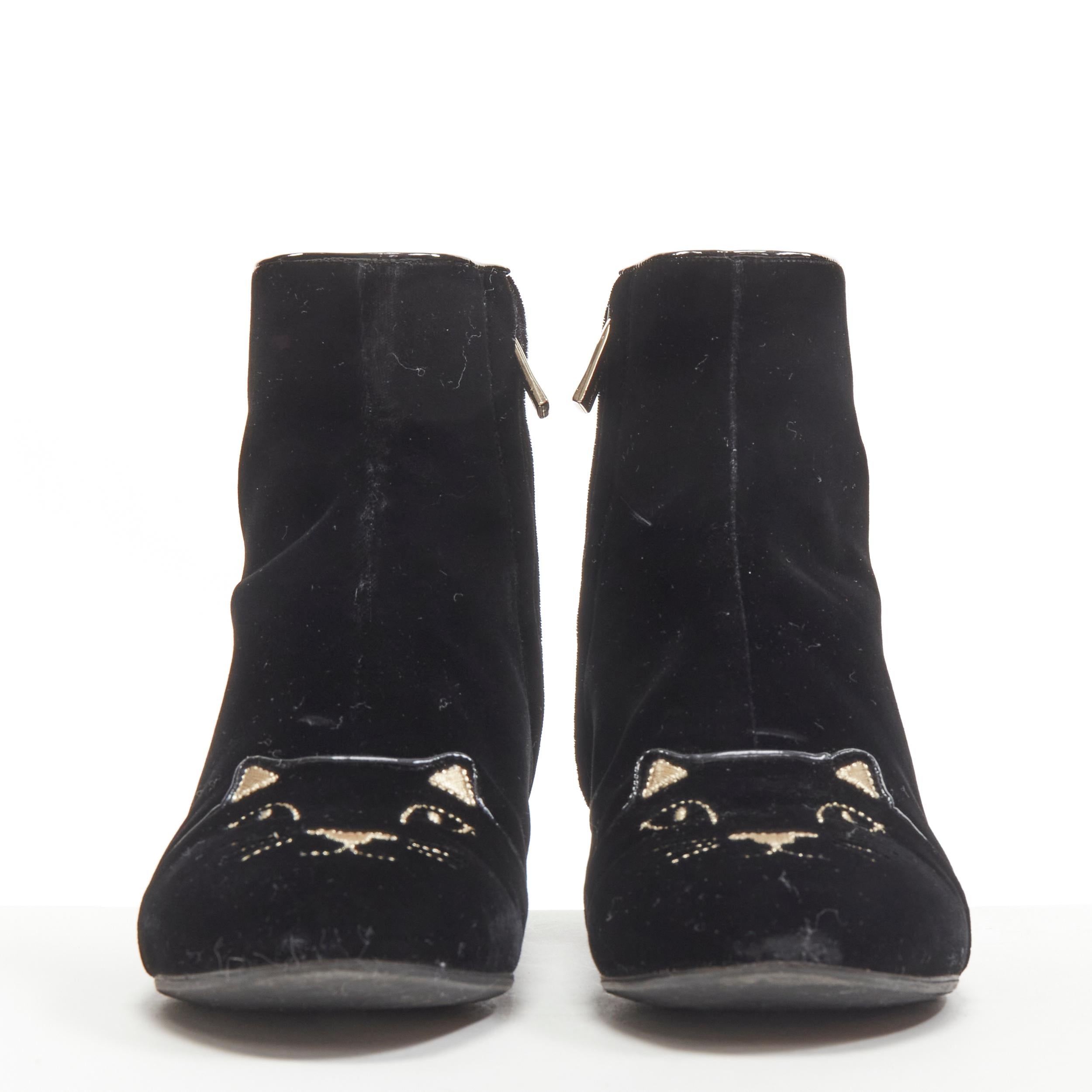 CHARLOTTE OLYMPIA Puss In Boots black velvet Kitty embroidery ankle boot EU36.5 In Excellent Condition In Hong Kong, NT