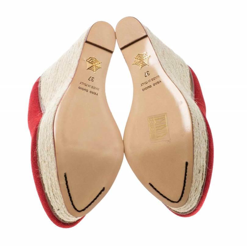 Brown Charlotte Olympia Red Canvas Carmen Espadrille Platform Wedge Pumps Size 37