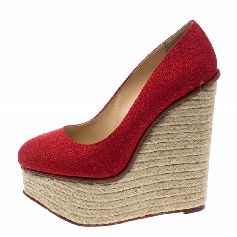 Charlotte Olympia Red Canvas Carmen Espadrille Platform Wedge Pumps Size 37 In New Condition In Dubai, Al Qouz 2