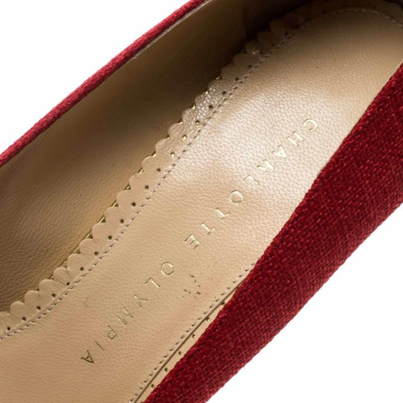 Women's Charlotte Olympia Red Canvas Carmen Espadrille Platform Wedge Pumps Size 37