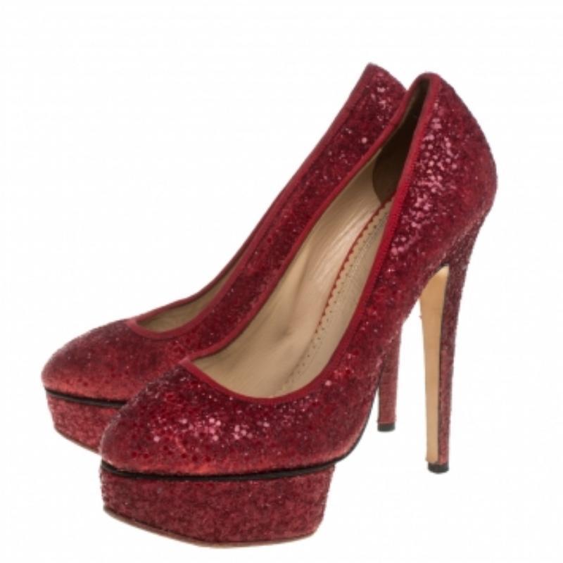 Charlotte Olympia Red Glitter Priscilla Platform Pumps Size 38.5 For Sale 2