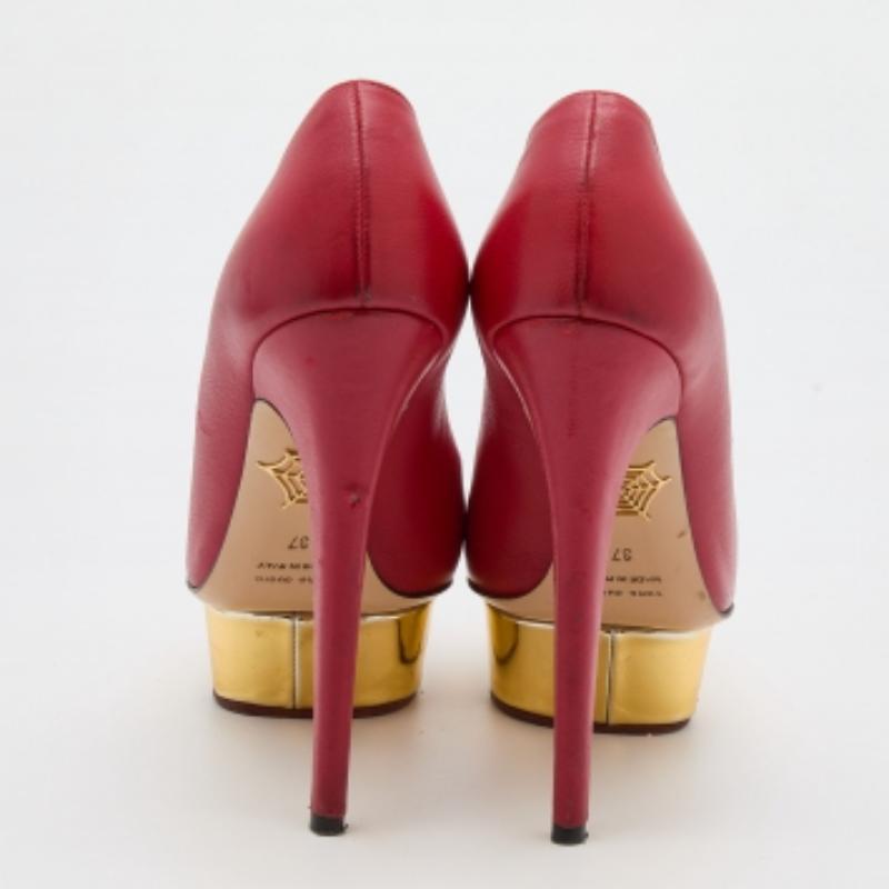 Charlotte Olympia Red Leather Dolly Platform Pumps Size 37 In Good Condition For Sale In Dubai, Al Qouz 2