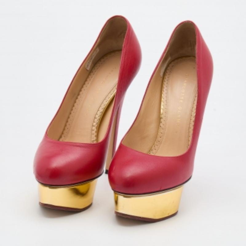 Charlotte Olympia Red Leather Dolly Platform Pumps Size 37 For Sale 1