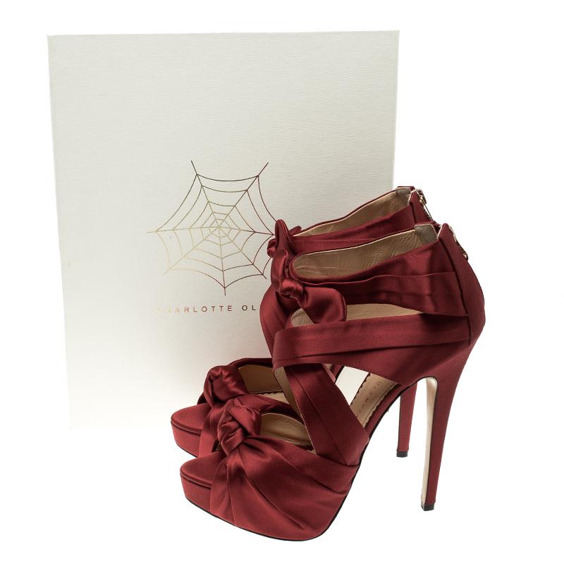 Women's Charlotte Olympia Red Satin Andrea Cross Strap Knotted Platform Sandals Size 41