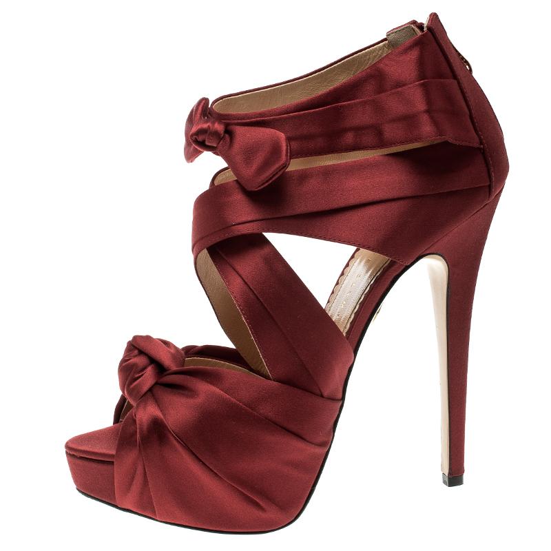 Charlotte Olympia Red Satin Andrea Cross Strap Knotted Platform Sandals Size 41 3