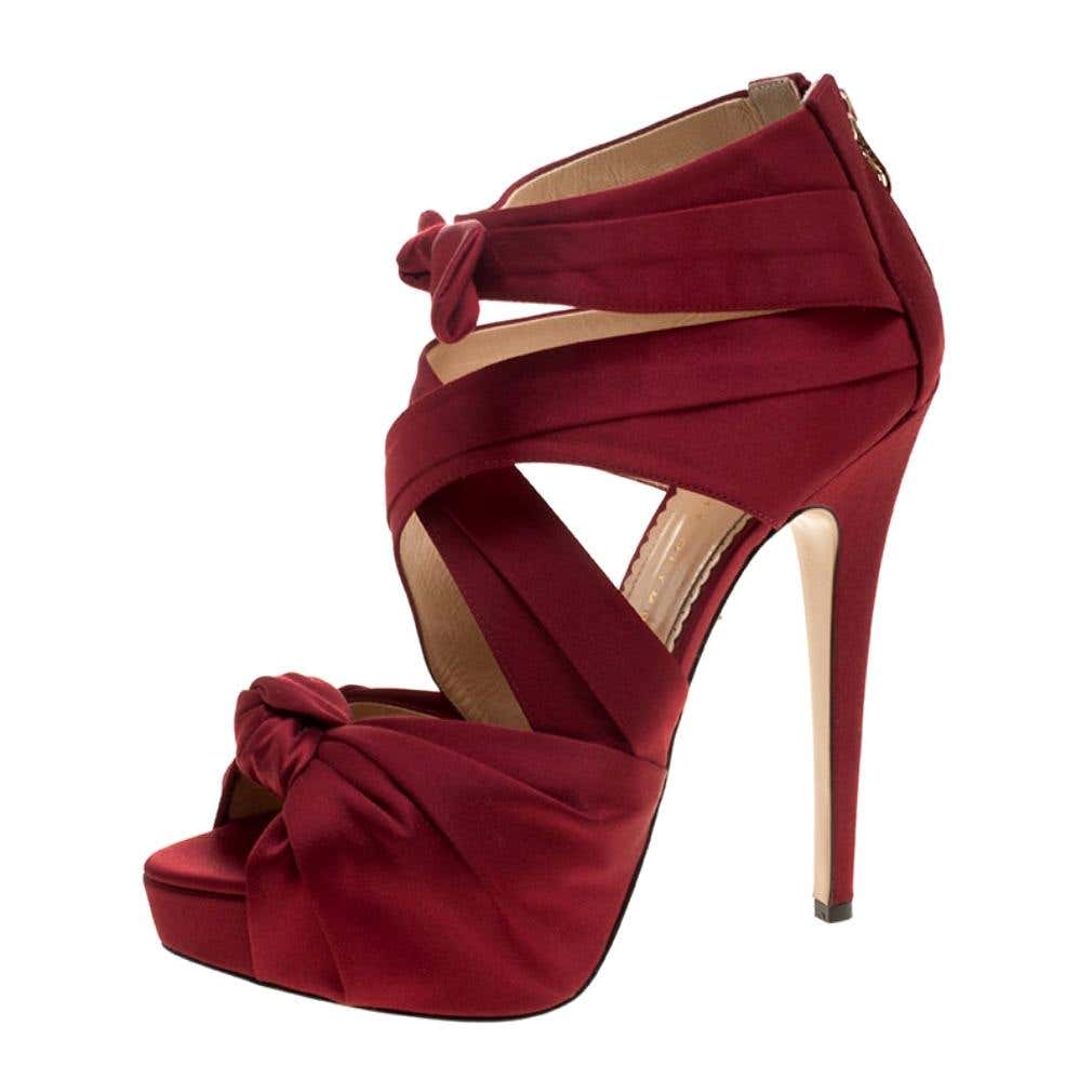 Charlotte Olympia Red Satin Andrea Cross Strap Knotted Platform Sandals ...