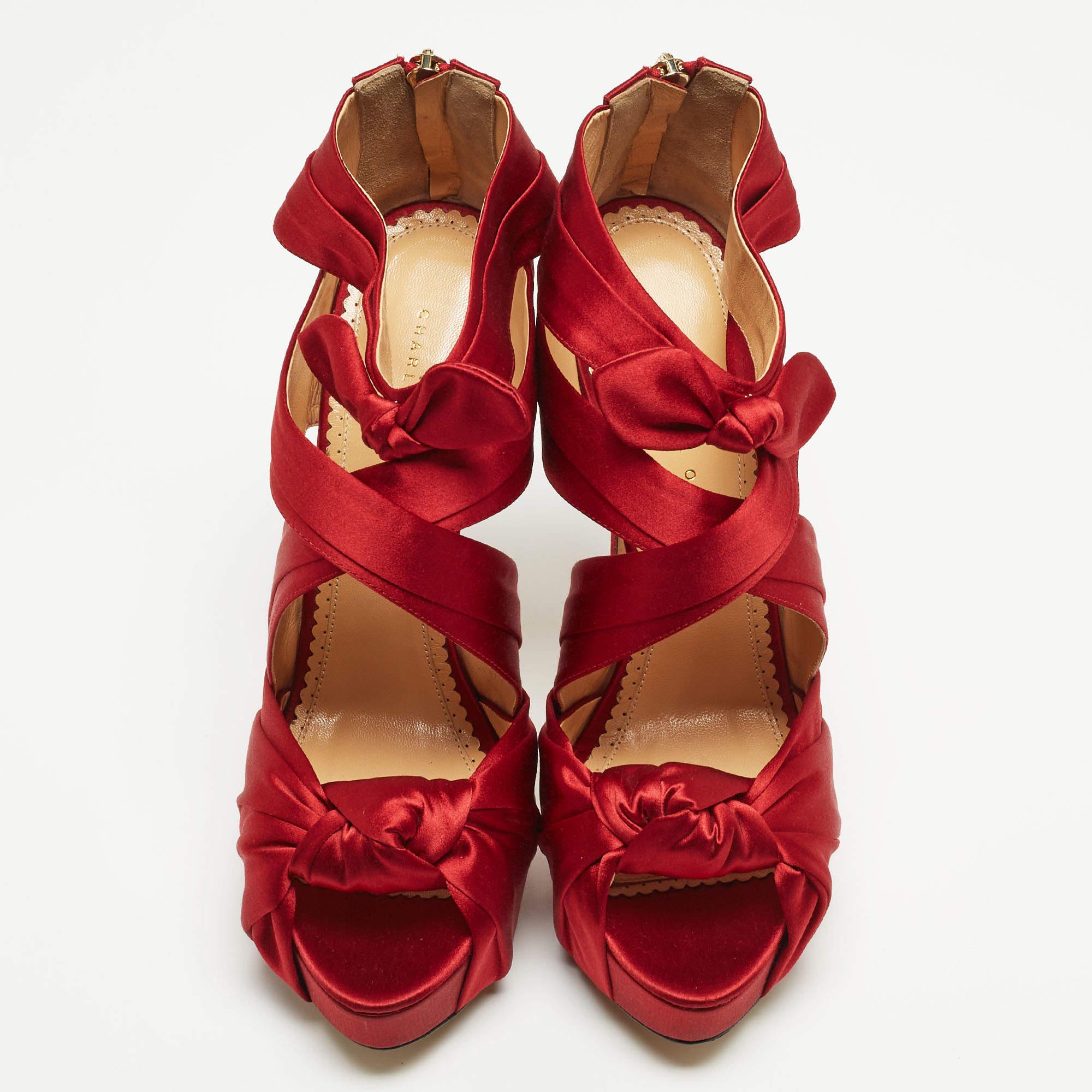 Charlotte Olympia Red Satin Andrea Knotted Platform Sandals Size 41 In New Condition In Dubai, Al Qouz 2