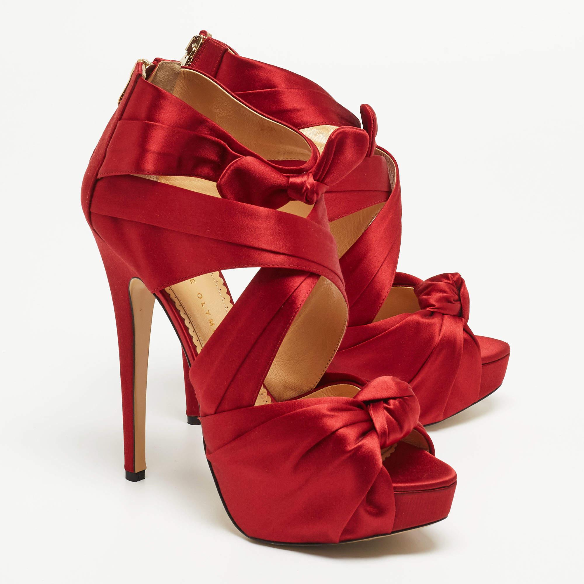 Charlotte Olympia Red Satin Andrea Knotted Platform Sandals Size 41 In Excellent Condition For Sale In Dubai, Al Qouz 2