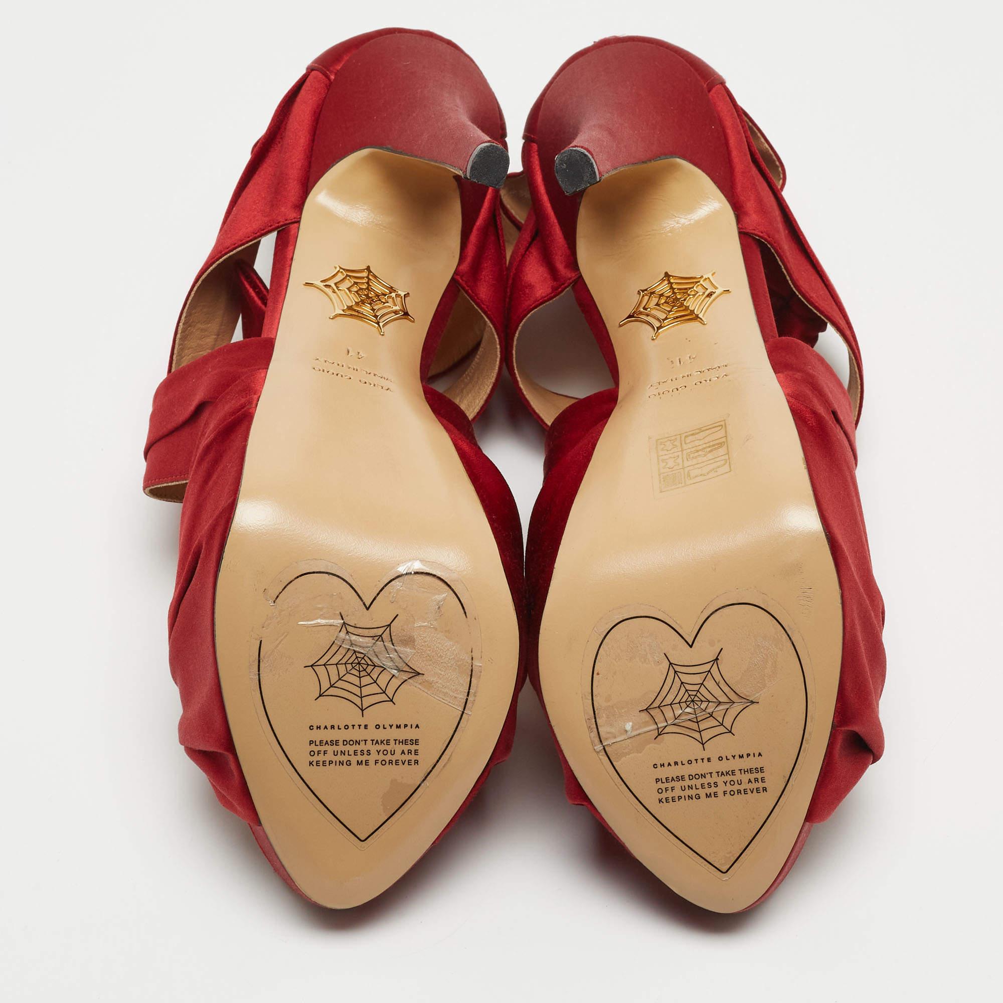 Charlotte Olympia Red Satin Andrea Knotted Platform Sandals Size 41 For Sale 1