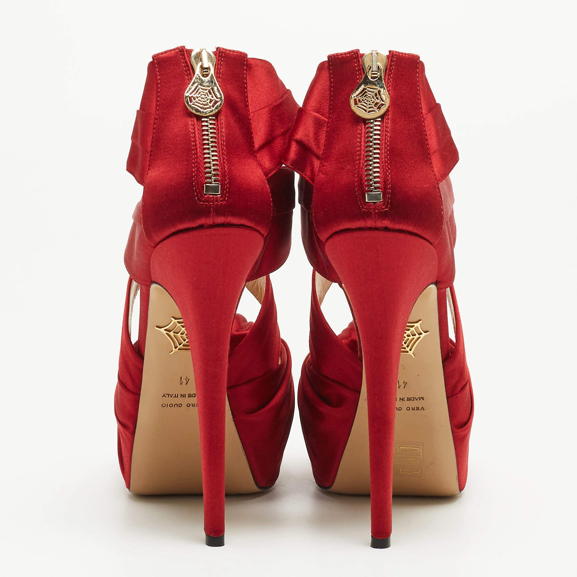 Charlotte Olympia Red Satin Andrea Knotted Platform Sandals Size 41 4