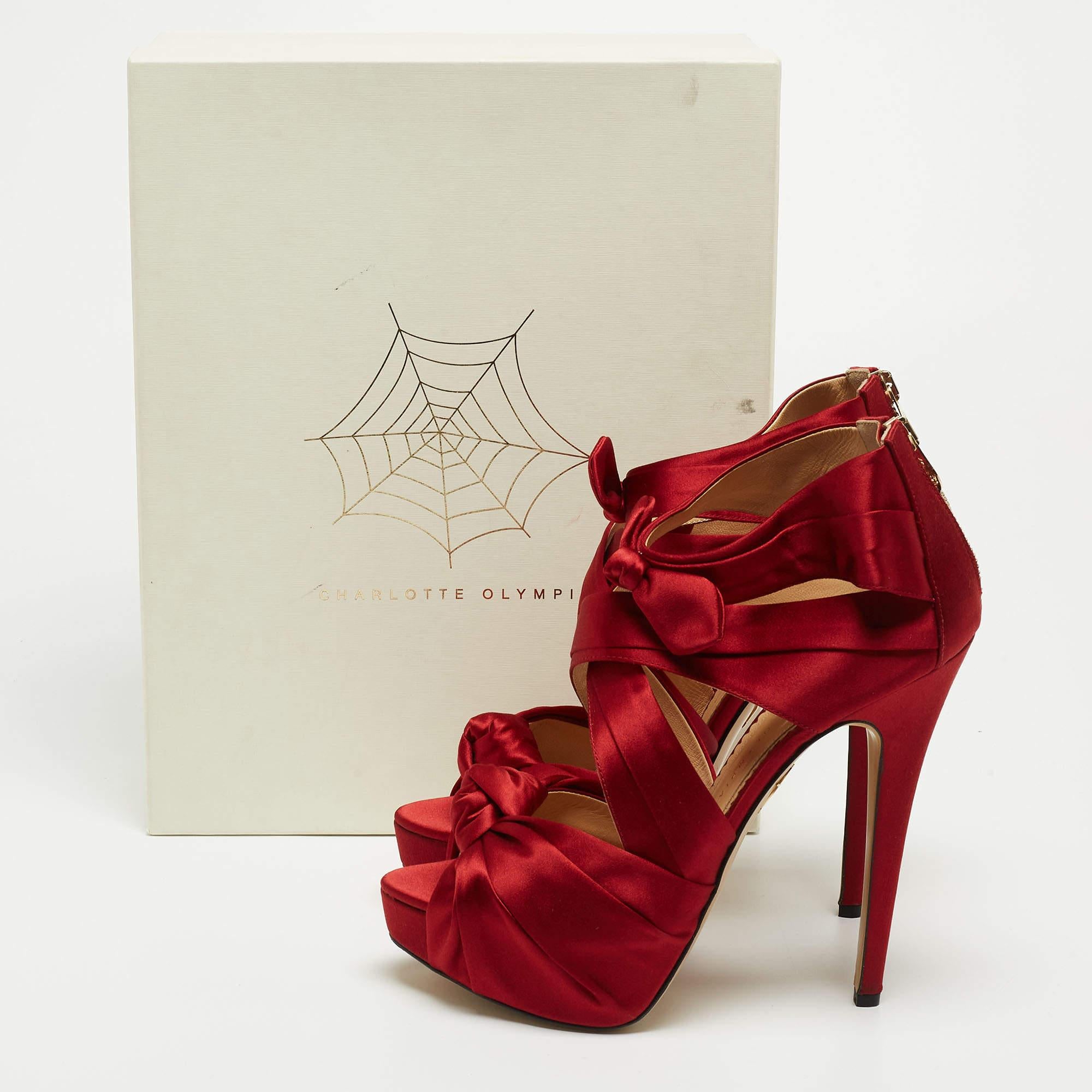 Charlotte Olympia Red Satin Andrea Knotted Platform Sandals Size 41 For Sale 4