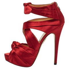 Used Charlotte Olympia Red Satin Andrea Knotted Platform Sandals Size 41