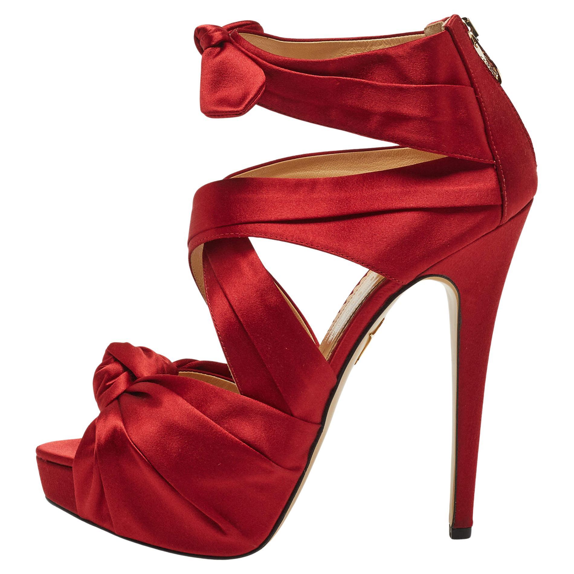 Charlotte Olympia Red Satin Andrea Knotted Platform Sandals Size 41 For Sale