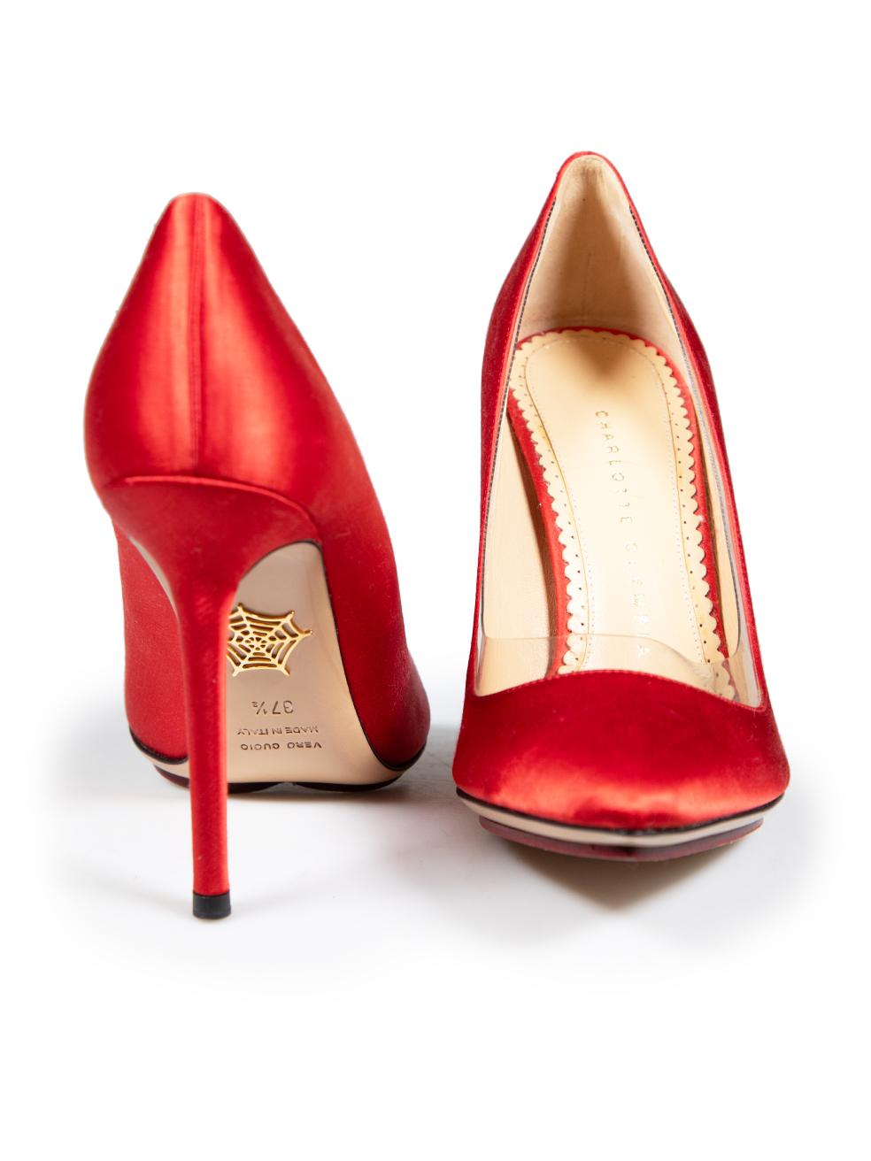 Charlotte Olympia Red Satin Ankle Tie Detail Heels Size IT 37.5 In Good Condition For Sale In London, GB