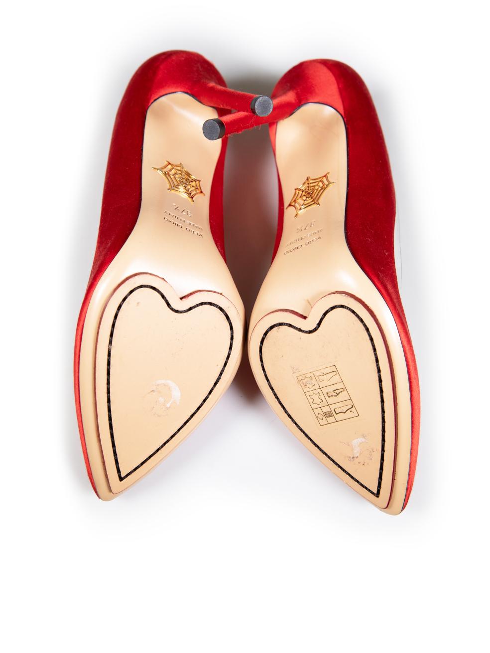 Women's Charlotte Olympia Red Satin Ankle Tie Detail Heels Size IT 37.5 For Sale